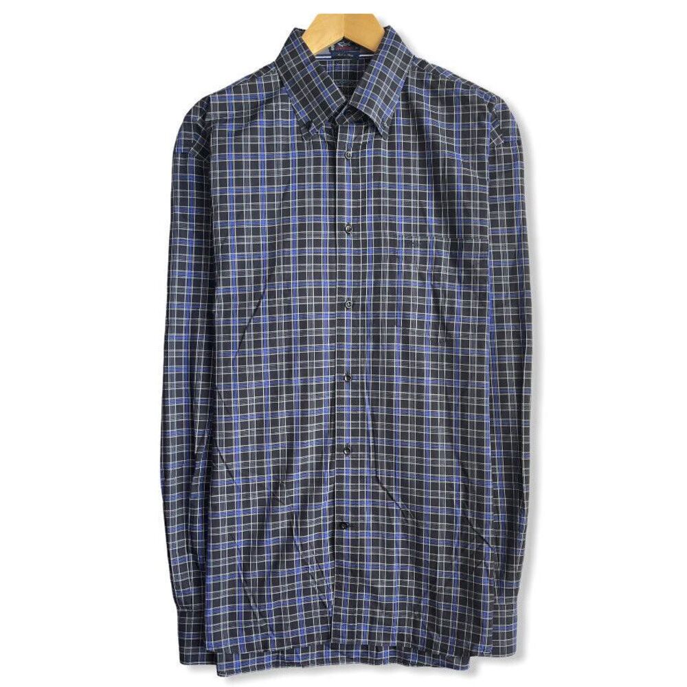 Paul & Shark Men's Size 44 Black/Blue Plaid Embroidered Button Down Pocket Shirt